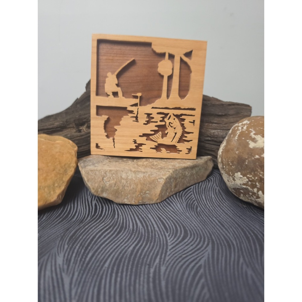 Vintage Fishing Scroll Saw Wooden Wall Art Plaque 1997 Hand Signed Solid Walnut